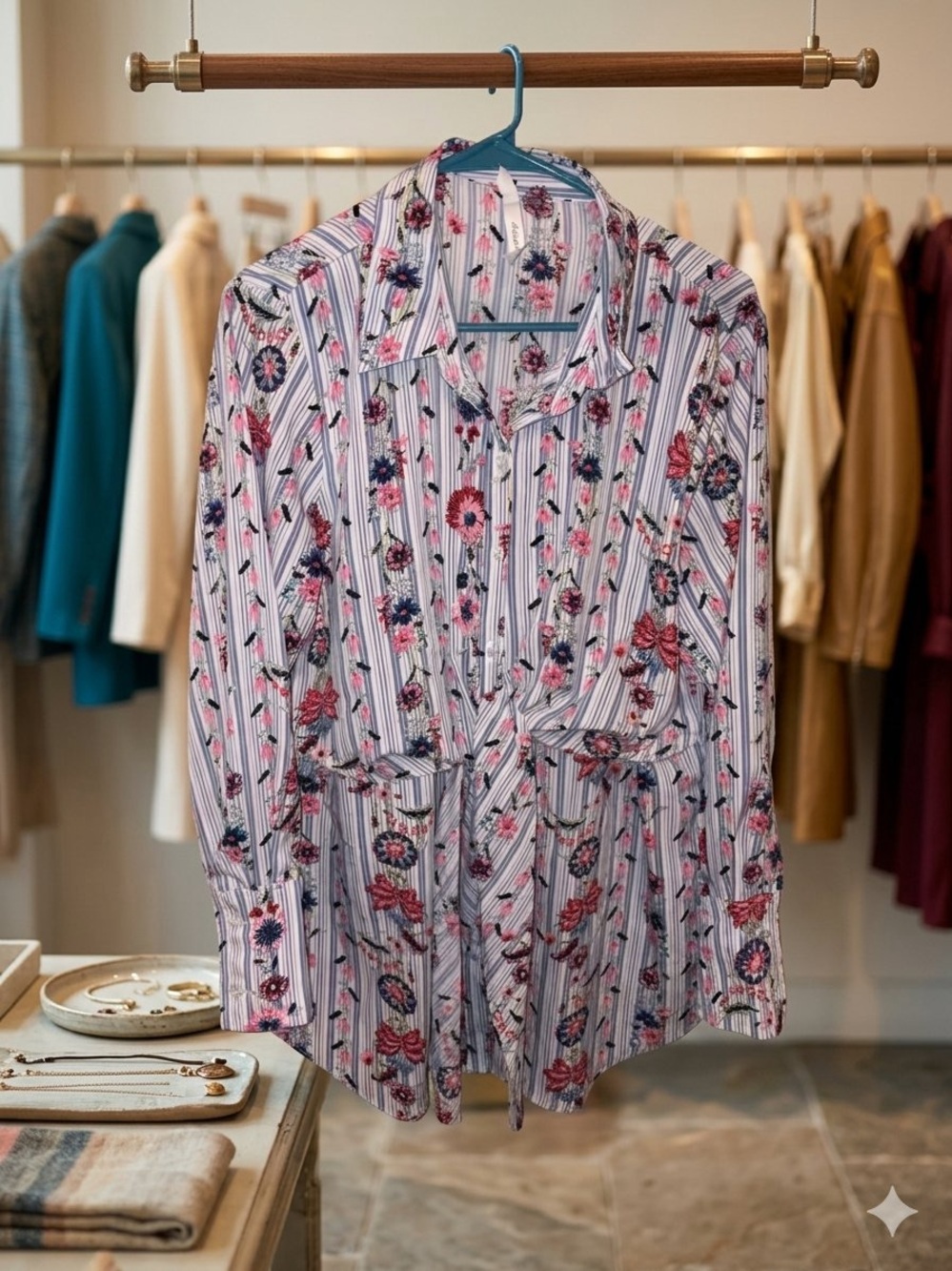 NY Collection Pink & Navy Floral Stripe Button-Front Shirt